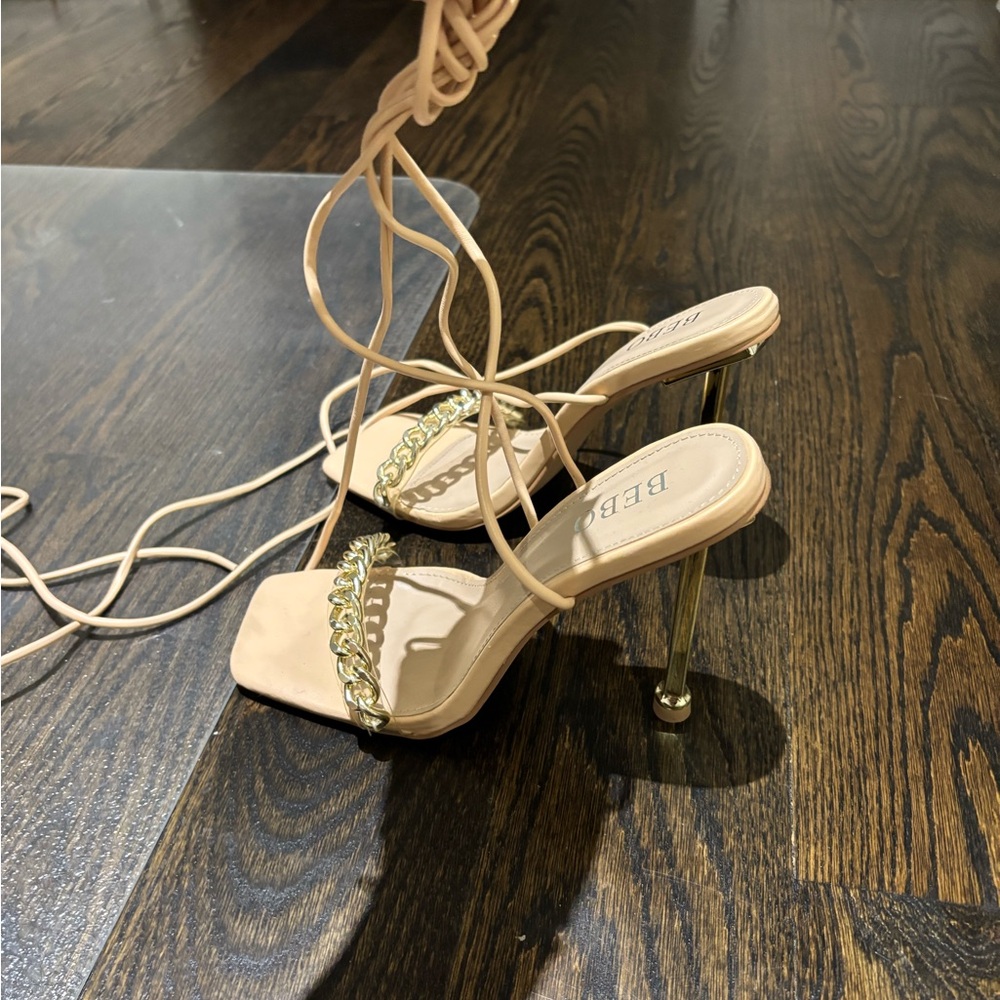 Bebo Beige Lace-Up Heels with Gold Chain Detail